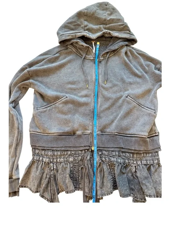 Free People When Worlds Meet Hoodie Large Gray Black Distressed Zip Sweatshirt - Picture 12 of 15